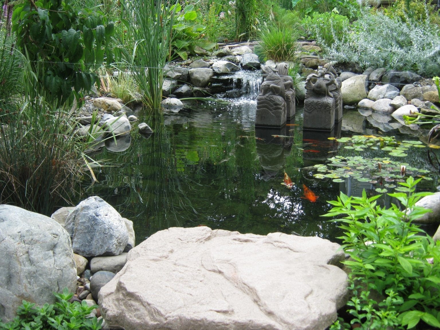 pond, water feature, boulder