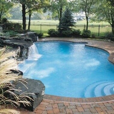 pool decking, water fall,